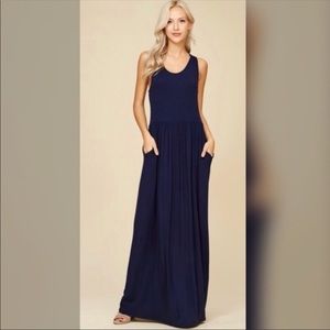 Racer Back Navy Blue Maxi Dress with pockets!